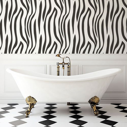 Modern black and white zebra stripe wallpaper for bold fashion-forward bathroom decor