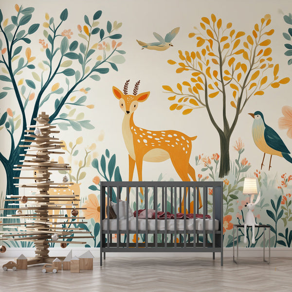 Fawns and Birds Wallpaper | Pastoral Wildlife Wall Mural