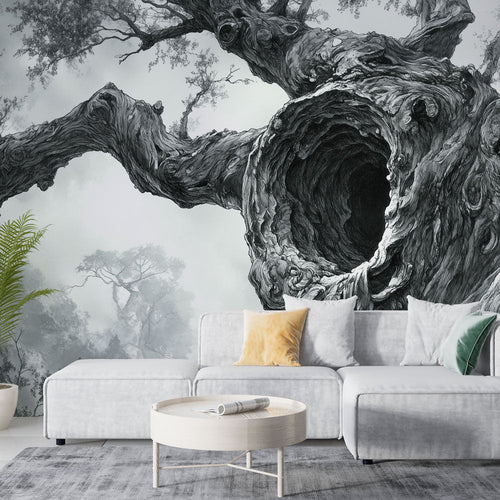 Ancient tree wallpaper in black and white botanical illustration