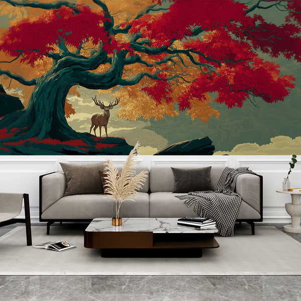 Deer and Maple Wallpaper | Japanese Nature Wall Mural