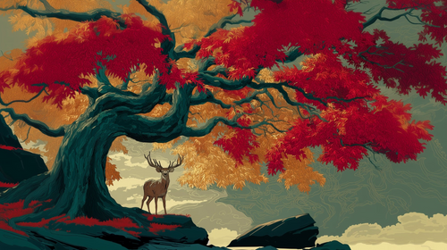 Deer and Maple Wallpaper | Japanese Nature Wall Mural