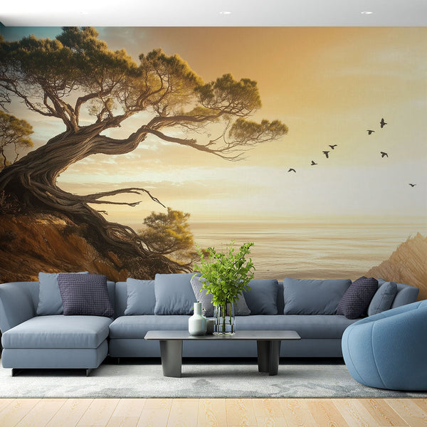 Coastal Landscape Wallpaper | Twisted Tree Sunset Mural