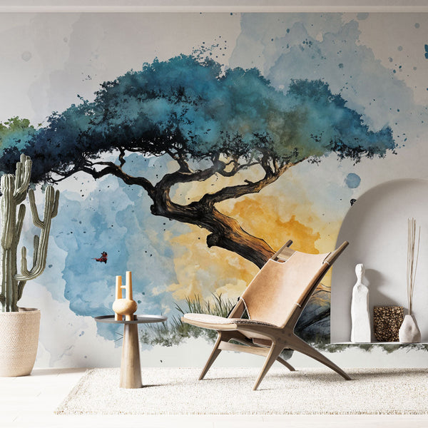 Painted Tree Wallpaper | Butterflies and Warm Hues Wall Mural