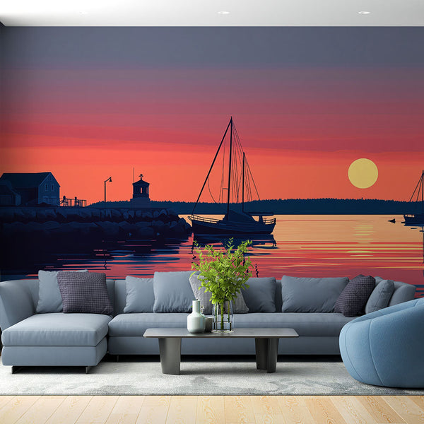 Sunset seascape wallpaper | Twilight harbor wall mural