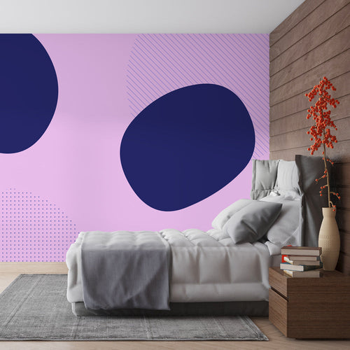 Wallpaper with purple and navy blue abstract oval shapes in a modern geometric pattern.