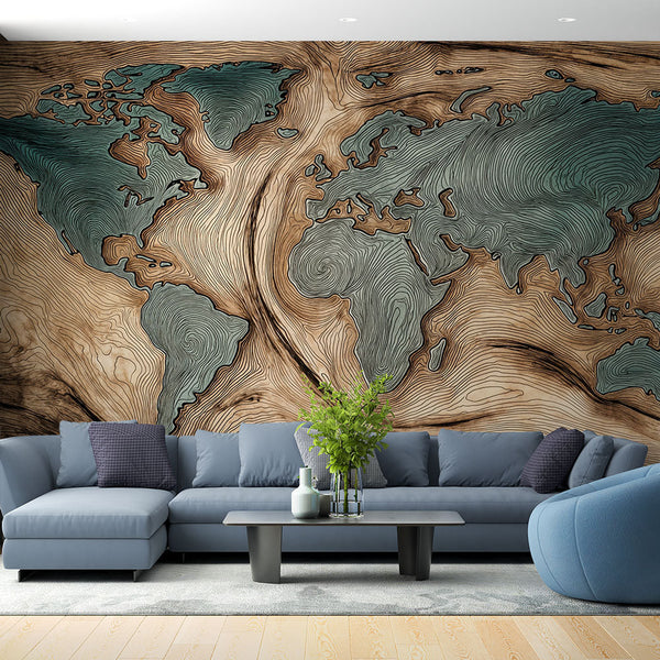 World Map Wallpaper | Artistic Contours in Woody Tones