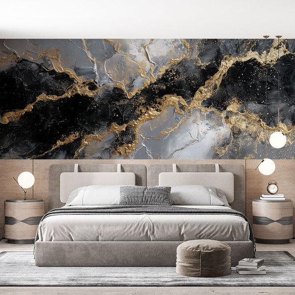 Abstract Wallpaper | Black, Gold and White Metallic Design