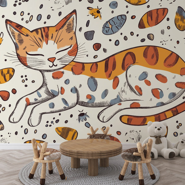 Playful Cat Wallpaper | Colorful Pattern Wall Mural Design