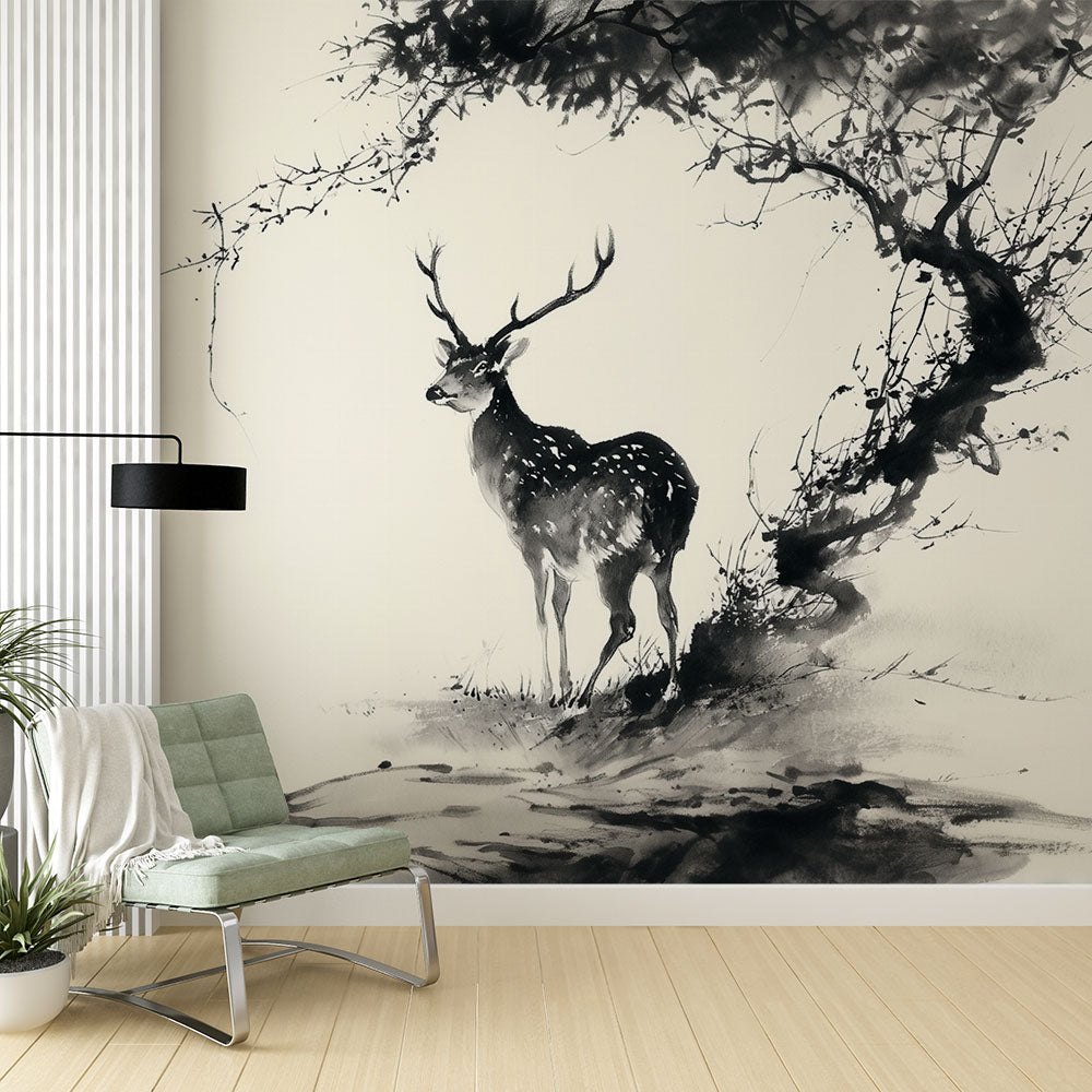 Deer Wallpaper | Traditional Asian Ink Wash Wall Mural