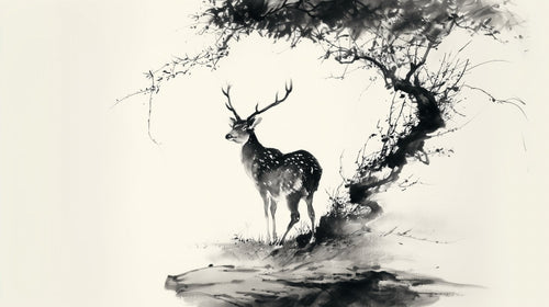 Deer Wallpaper | Traditional Asian Ink Wash Wall Mural