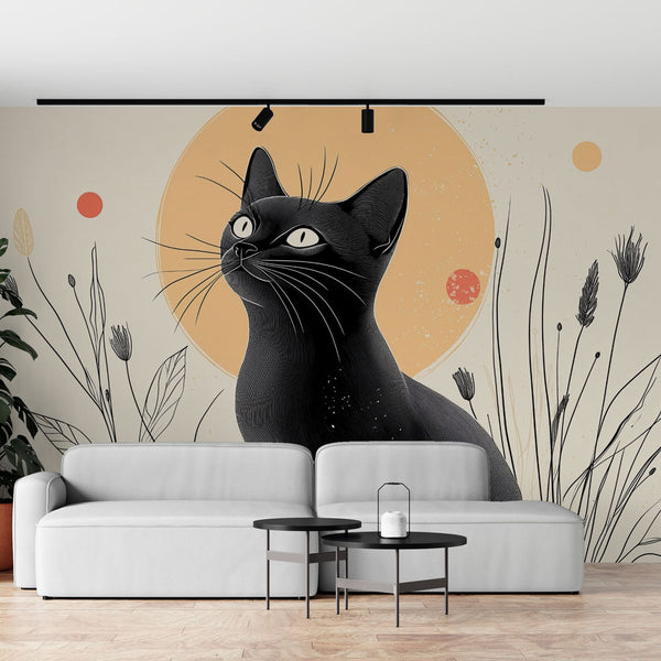 Black Cat Wallpaper | Minimalist Artistic Wall Mural