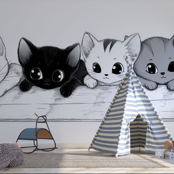 Cute Kittens Wallpaper | Black White Wall Mural Sketch
