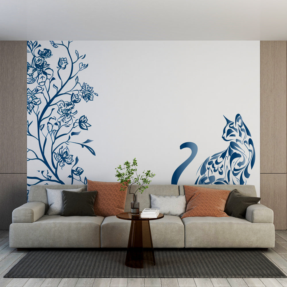 Floral Cat Wallpaper | Artistic Blue Wall Mural