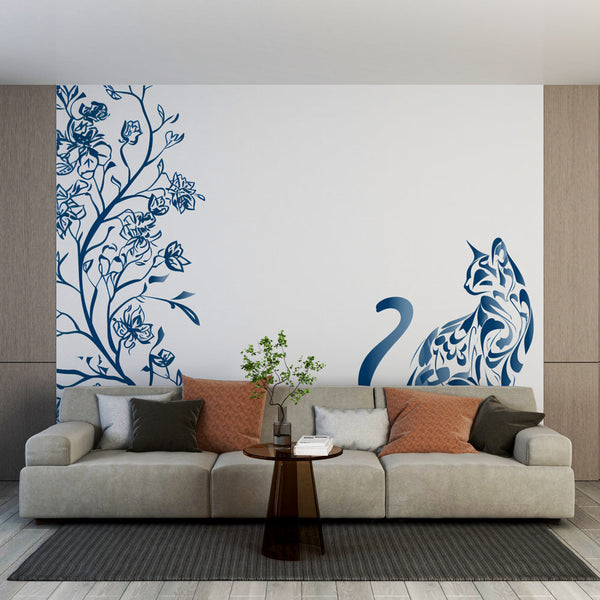 Floral Cat Wallpaper | Artistic Blue Wall Mural