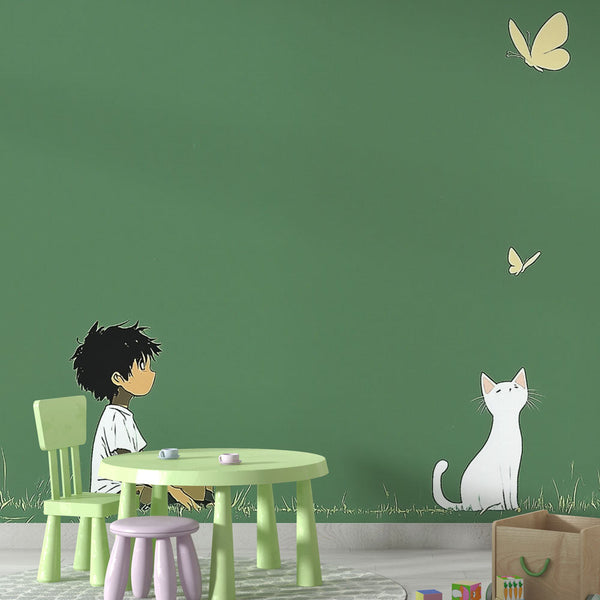 Child and Cat Wallpaper | Peaceful Nature Wall Mural
