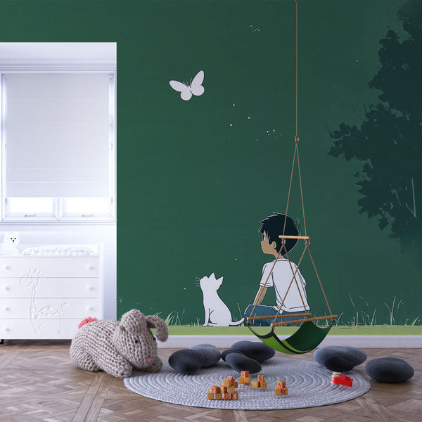 Nature Innocence Wallpaper | Child Cat Green Sky Wall Mural