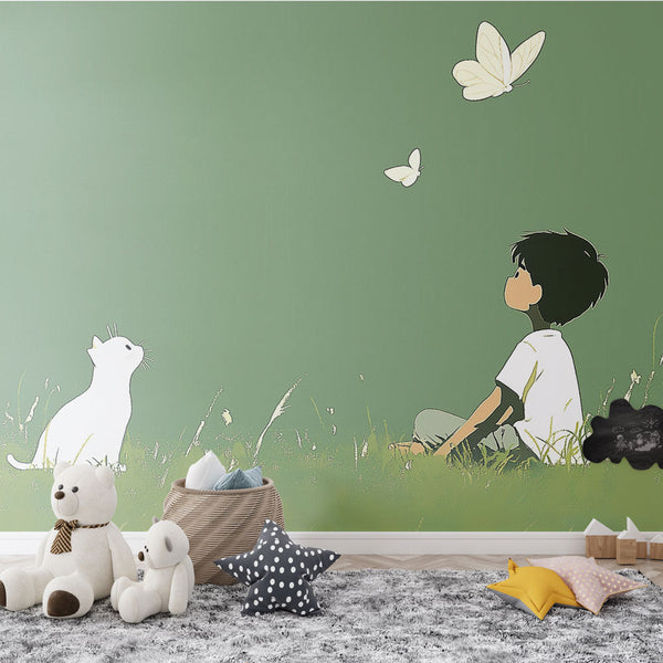 Nature Wallpaper | Child and Cat Watching Butterflies Wall Mural