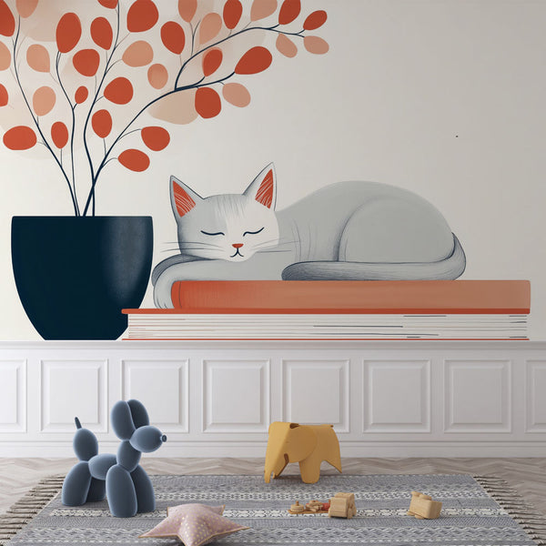 Cat and Plants Wallpaper | Minimalist Wall Mural Design
