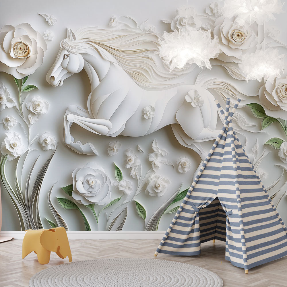 Horse and Flowers Wallpaper | Paper Sculpture Mural