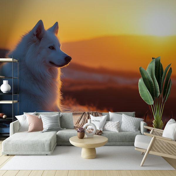 Landscape Wallpaper | White Dog at Sunset Wall Mural