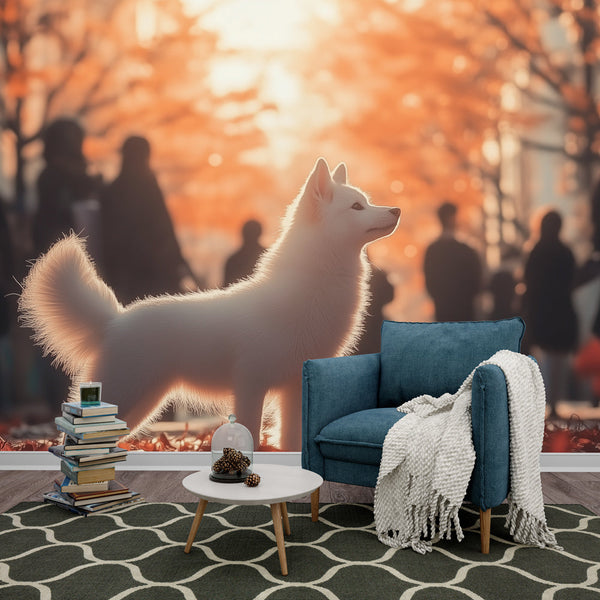 Autumn Wallpaper | White Dog in the City Wall Mural