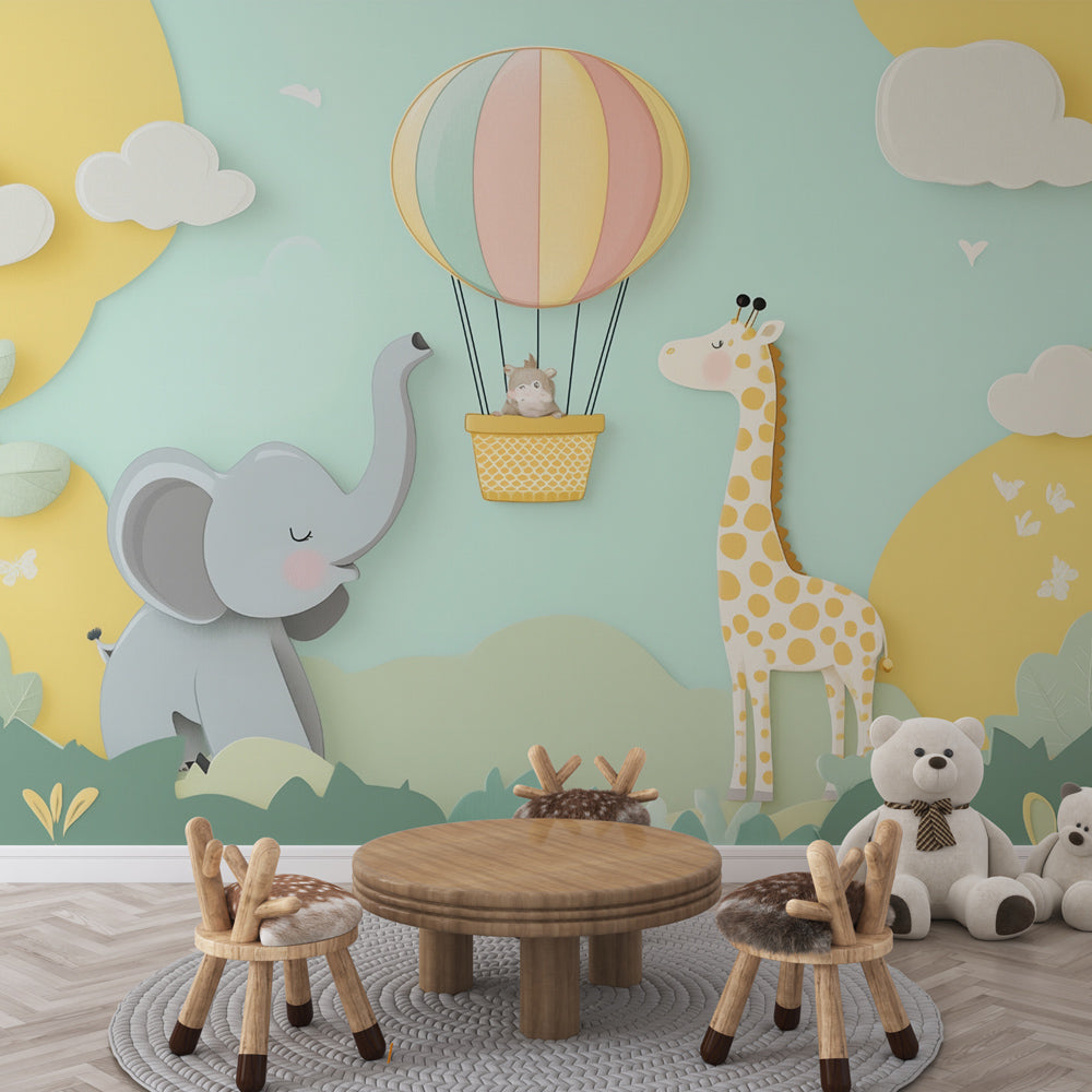 Kids Safari Wallpaper | Elephant Giraffe Hot Air Balloon Mural