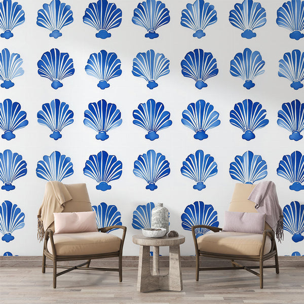 Seashell Wallpaper | Blue and White Coastal Wall Mural
