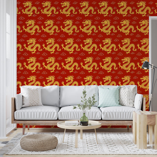 Dragon Wallpaper | Red and Gold Oriental Wall Mural