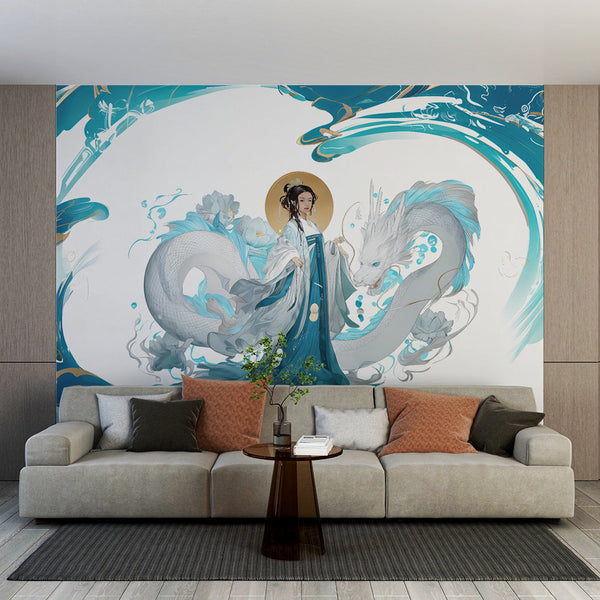 Dragon and Woman Wallpaper | Oriental Art Wall Mural