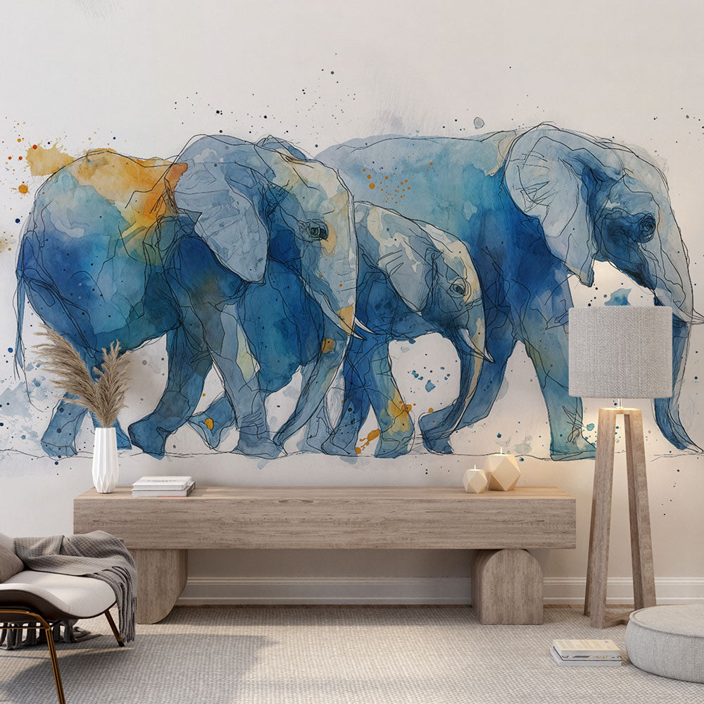 Elephant Wallpaper | Blue Watercolor Elephants Wall Mural
