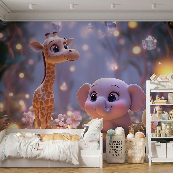 Cute Animals Wallpaper | Giraffe Elephant Wall Mural