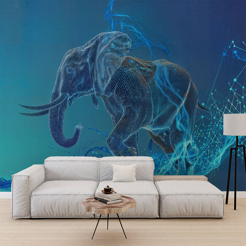 Digital elephant wallpaper made of glowing blue and cyan particles