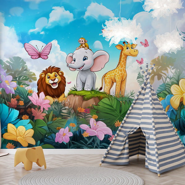 Jungle Wallpaper | Cute Animals Flowers Wall Mural