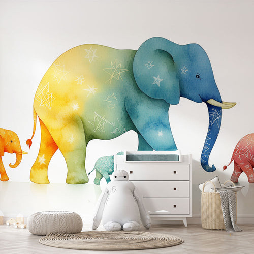 Colorful starry elephants wallpaper wall mural for kids interior design