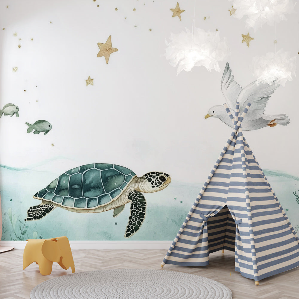 Dreamy Ocean Wallpaper | Turtle and Gold Stars Wall Mural