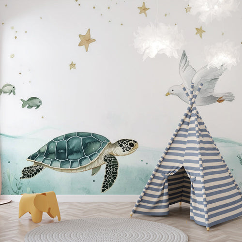Dreamy ocean wallpaper with graceful turtle and golden stars in tranquil blue waters