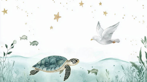 Dreamy Ocean Wallpaper | Turtle and Gold Stars Wall Mural