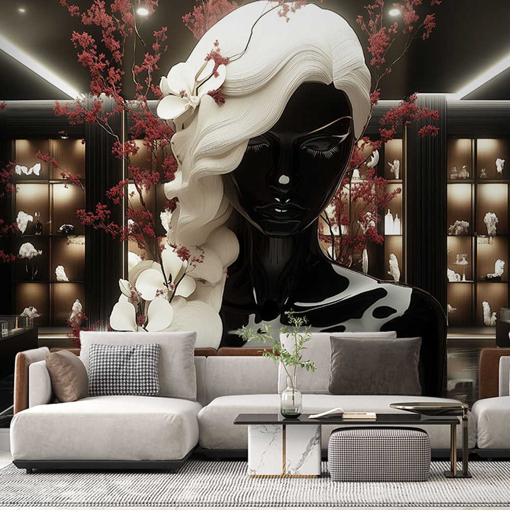 Modern Statue Wallpaper | Black & White Glossy Wall Mural