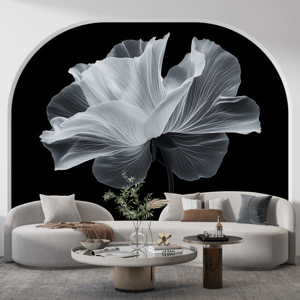 Floral Wallpaper | White Flower Black Background Mural