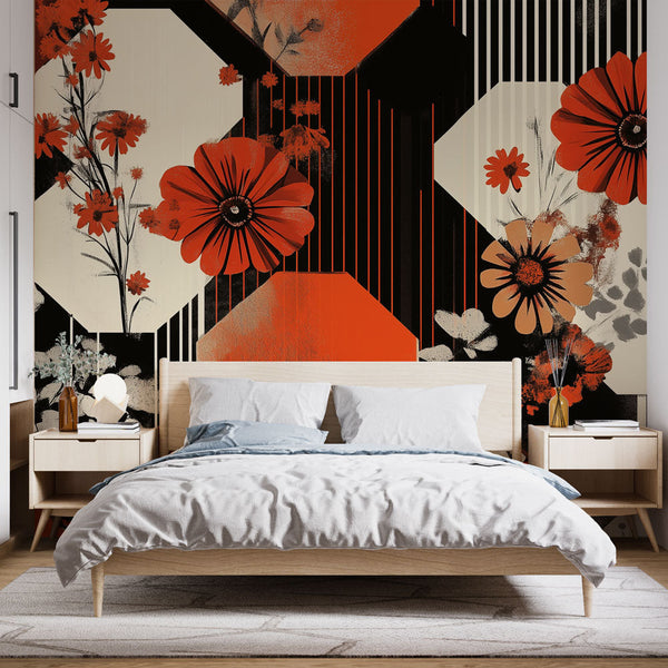 Geometric Floral Wallpaper | Red Black White Wall Mural