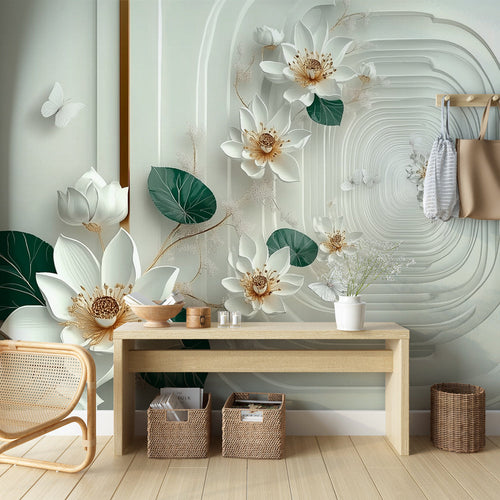 3D floral wallpaper with white flowers, green leaves and golden butterflies