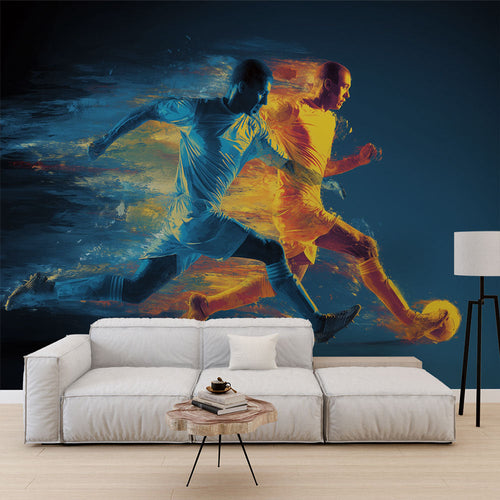 Dynamic player wallpaper in blue and orange showing athletes in motion