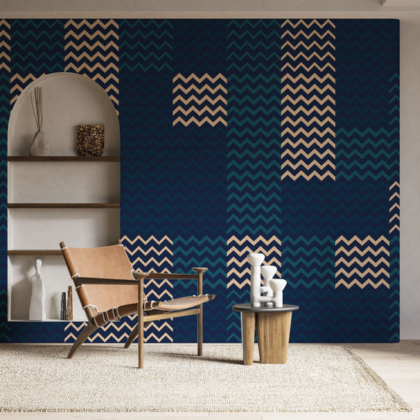 Zigzag Wallpaper | Navy Blue and Beige Wall Mural