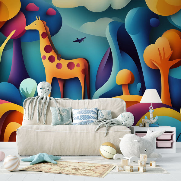 Giraffe Wallpaper | Abstract Colorful Landscape Mural