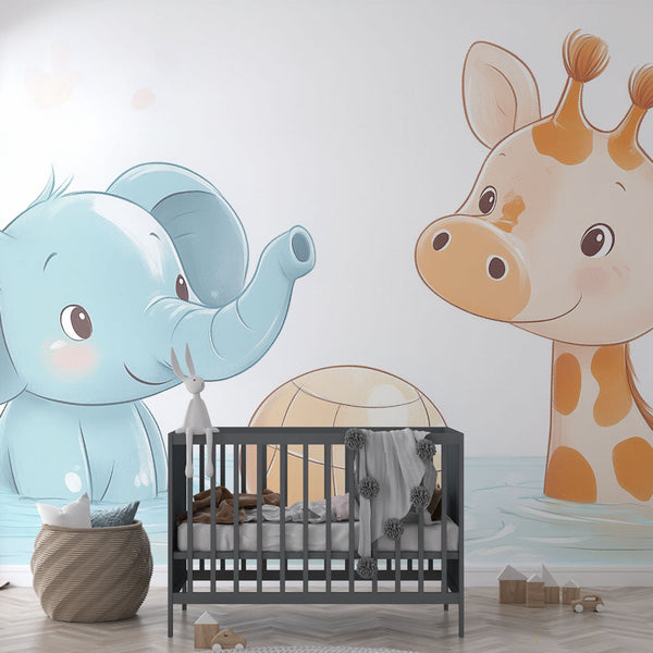 Animal Wallpaper | Playful Elephant Giraffe Wall Mural