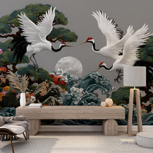 Asian nature wallpaper with cranes and a deer under moonlight