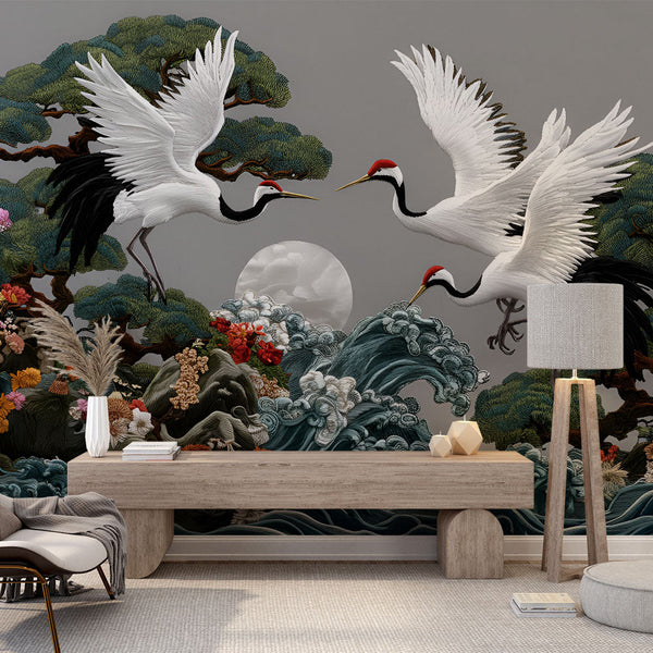 Asian Nature Wallpaper | Cranes and Deer in Moonlight