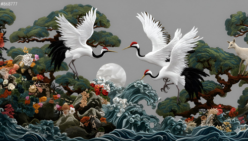 Asian Nature Wallpaper | Cranes and Deer in Moonlight
