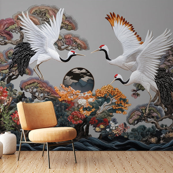 Cranes and Deer Wallpaper | Enchanted Landscape Mural