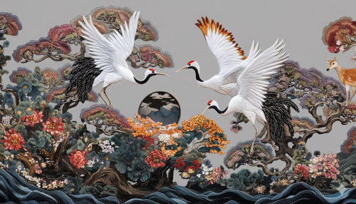 Cranes and Deer Wallpaper | Enchanted Landscape Mural